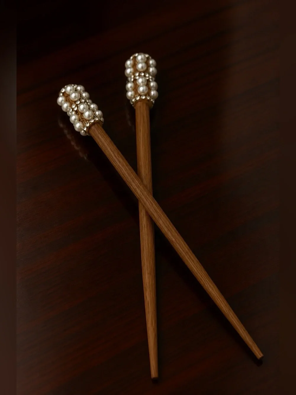 New 2 Natural Wood Color Hair Sticks Embellished With Crystals & Faux Pearls